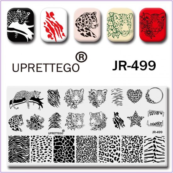 Пластина для печати на ногтях JR-499, тигр, леопард, узор, текстура животного, круг, квадрат, звезда, сердце