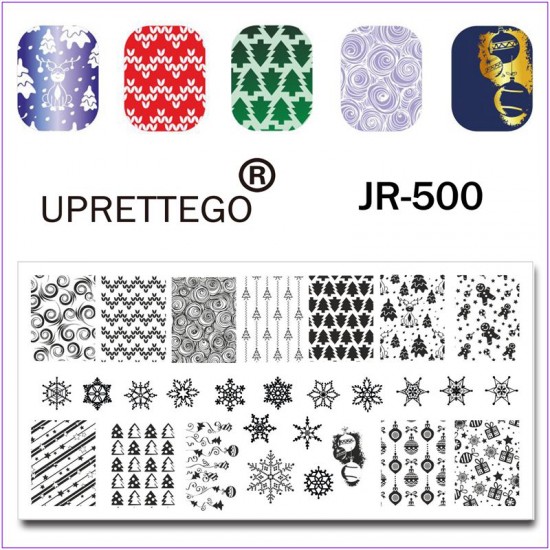 Пластина для печати на ногтях JR-500, снежинки, Новый год, подарки, олень, снеговик, елка, игрушки на елку, новогодние орнаменты