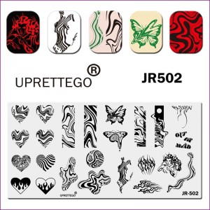 Пластина для печати на ногтях JR-502, бабочка, кривые линии, разводы, абстракция, девушка, сердце, прямоугольник