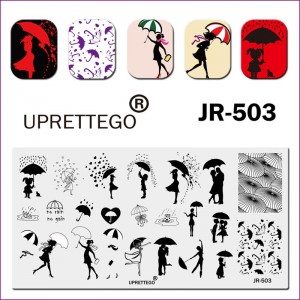JR-503 Placa de impressão de unhas outono chuva guarda-chuva criança sob guarda-chuva casal amor gato na chuva botas de borracha