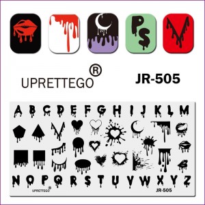 JR-505 placa de impresión de uñas por goteo alfabeto inglés fuente de goteo formas geométricas labios lengua