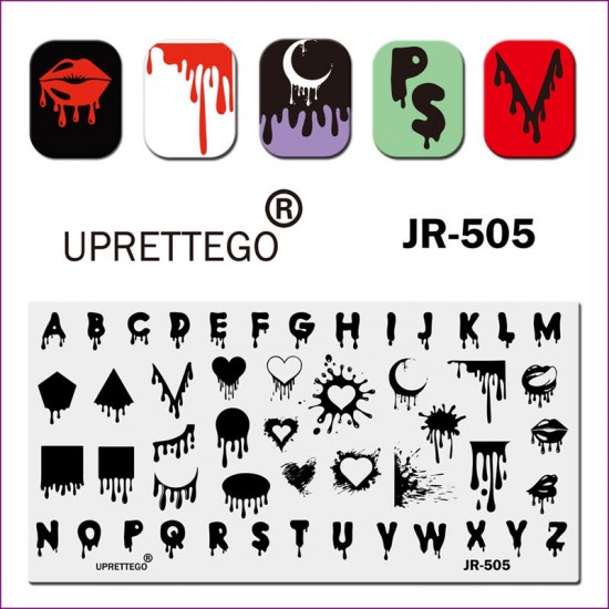 Пластина для печати на ногтях JR-505, потеки, английский алфавит, шрифт с потеками, геометрические фигуры, губы, язык