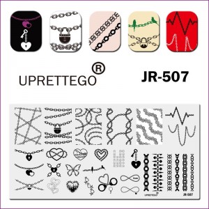 Пластина для друку на нігтях JR-507, замок, серце, ланцюг, любов, наручники, знак нескінченності, папуга, стемпінг пластини