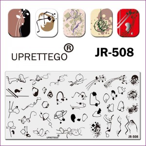  Plaque pour l'impression sur les ongles JR-508, abstrait, lignes, cercles, points, stries, carrés, plaque d'estampage
