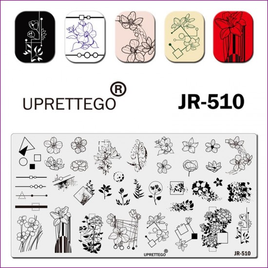 Пластина для печати на ногтях JR-510, цветы, геометрия, фигуры с цветами, листья, линии, стемпинг на ногтях